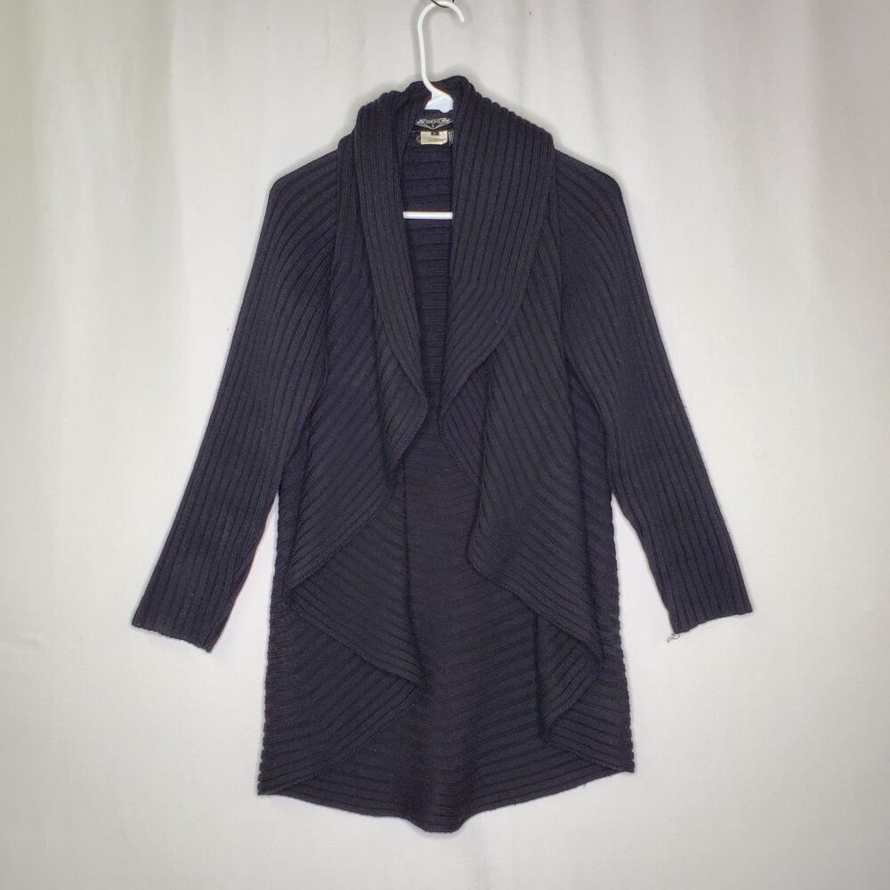 Angel Wool Blend Rib Knit Cardigan Women Small Black Scarf Drape Y2K Witch Fairy